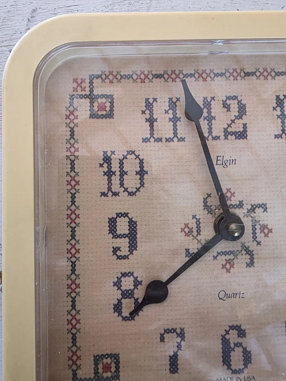 Elgin Cream Square Wall Clock with Cross-Stitch Dial